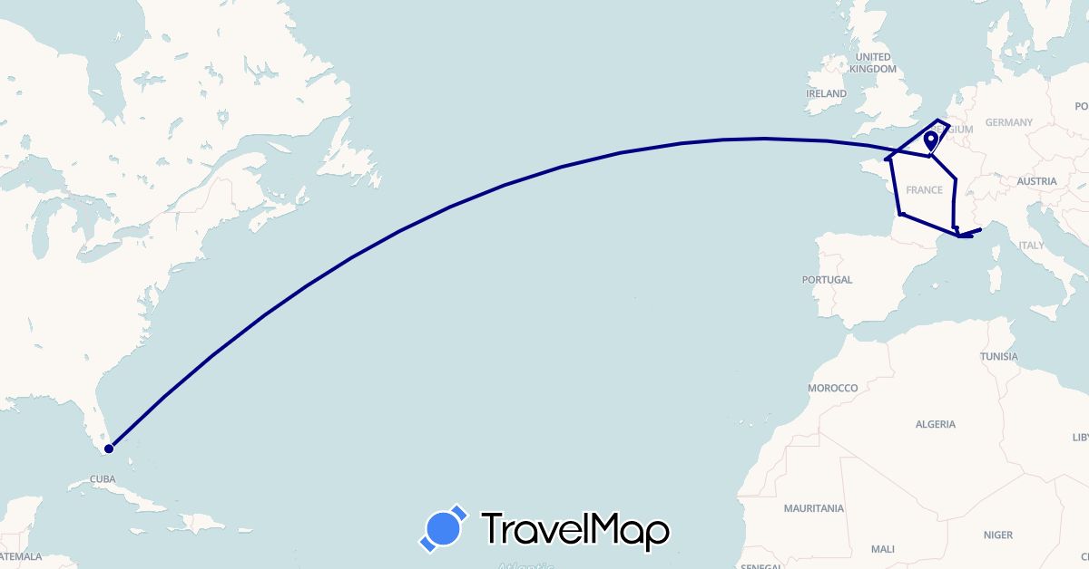 TravelMap itinerary: driving in Belgium, France, Monaco, United States (Europe, North America)